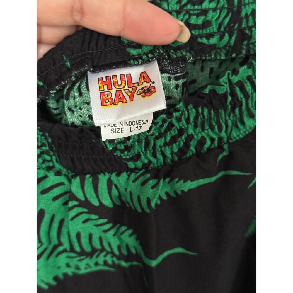 Hula Bay Green Black Tropical Palm Print Smocked Off Shoulder Top Large L-13 - Picture 4 of 6